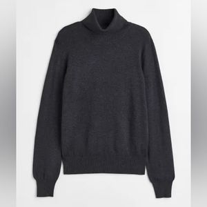 New! Fine Knit Turtleneck Ribbed Hem Sweater Dark Gray Melange